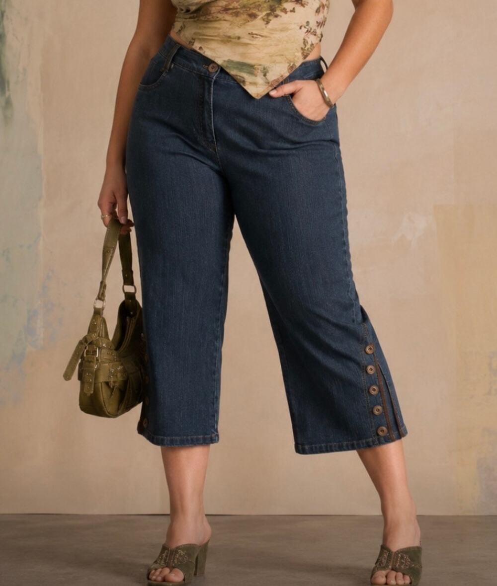 Michele crop denim skimmers straight leg brown faux leather button boho indie 14